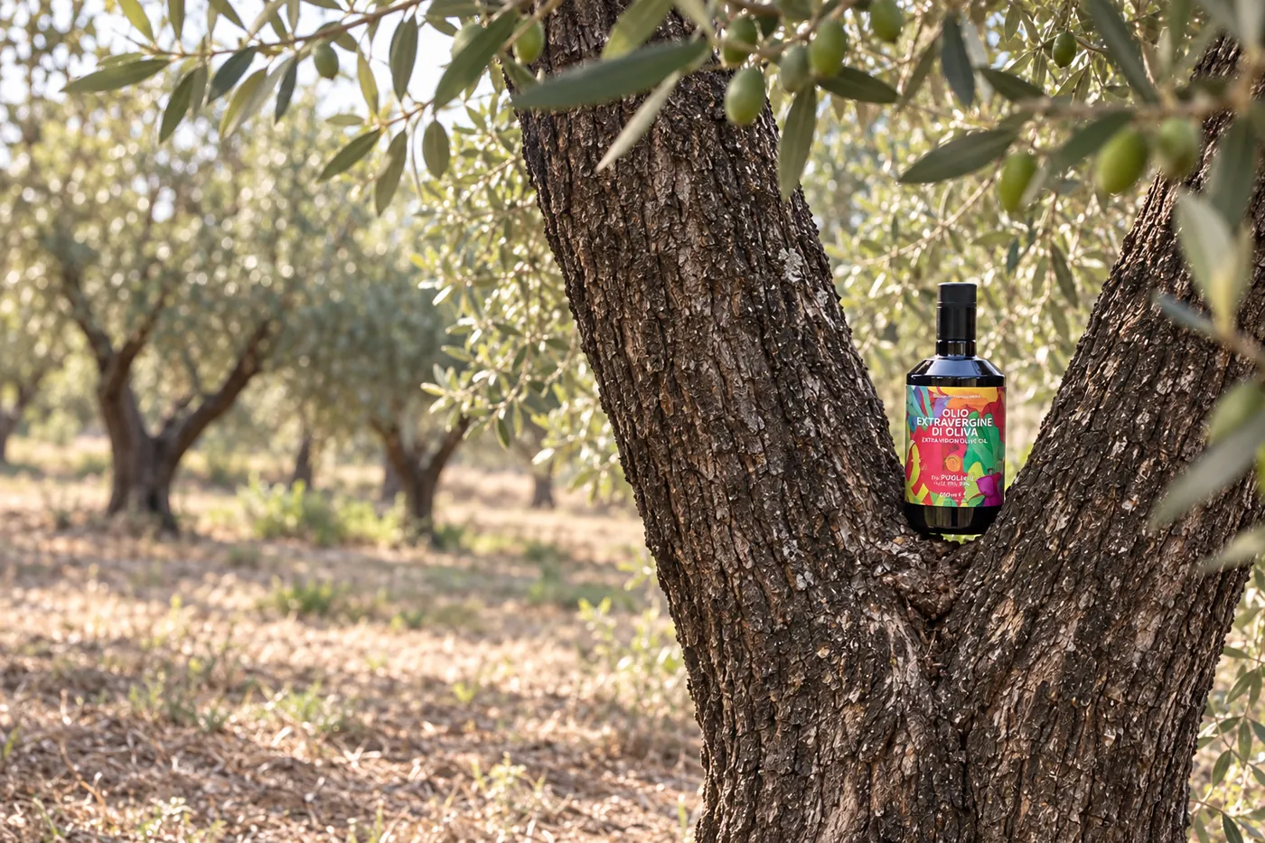 Figlie del Sole extra virgin olive oil bottle resting in an olive tree in the Lombardi grove, Puglia